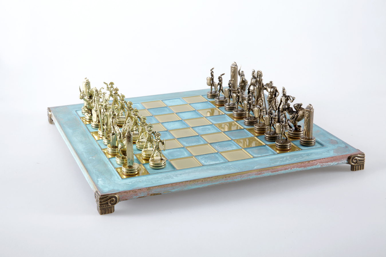 Greek Mythology chess set with gold-bronze chessmen/ Antiq Turquoise chessboard 36sm