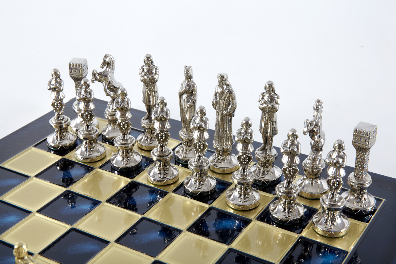 Renaissance chess set with gold-silver chessmen/Blue chessboard 36 sm