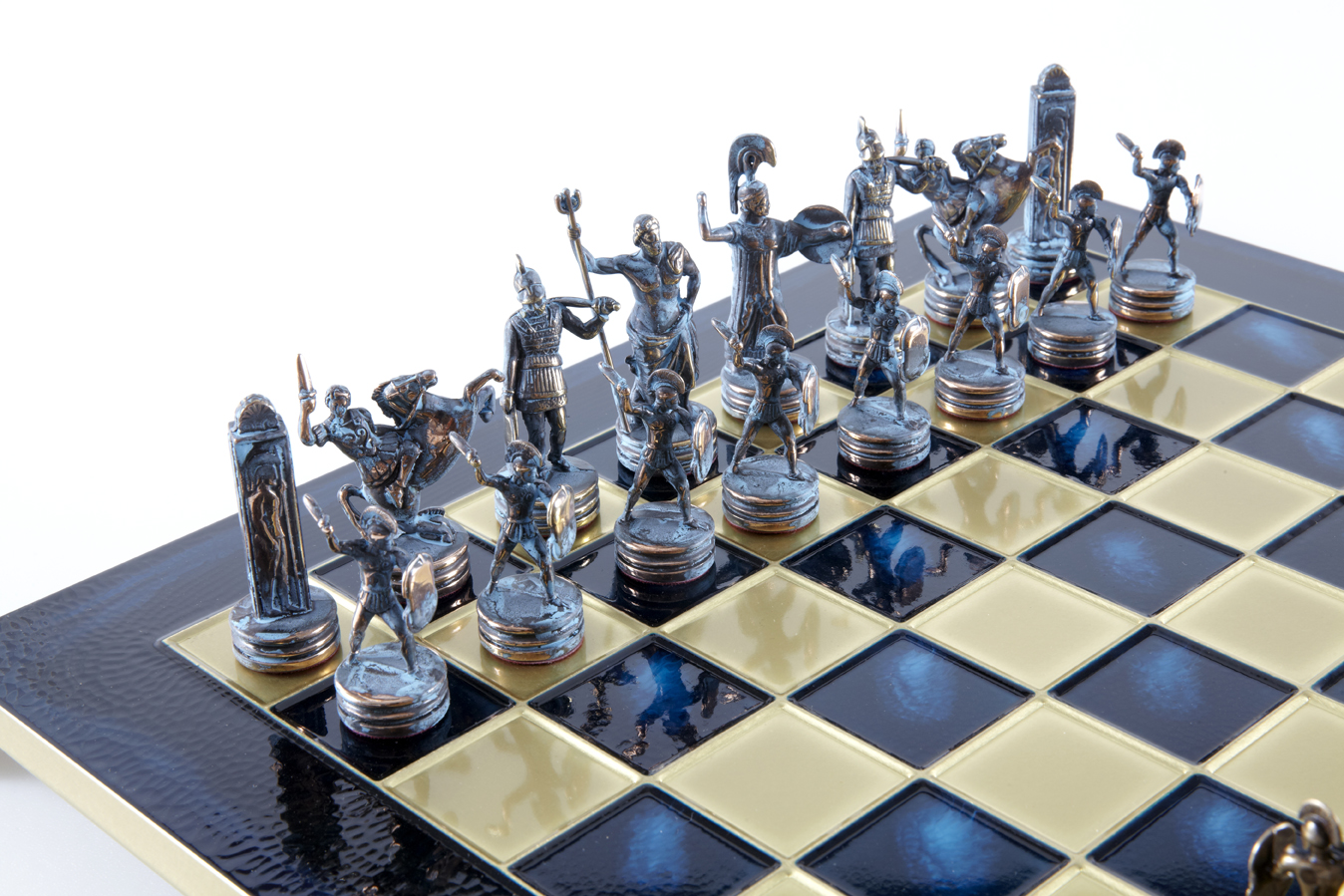 Greek Mythology chess set with blue-bronze chessmen/ Blue chessboard 36sm