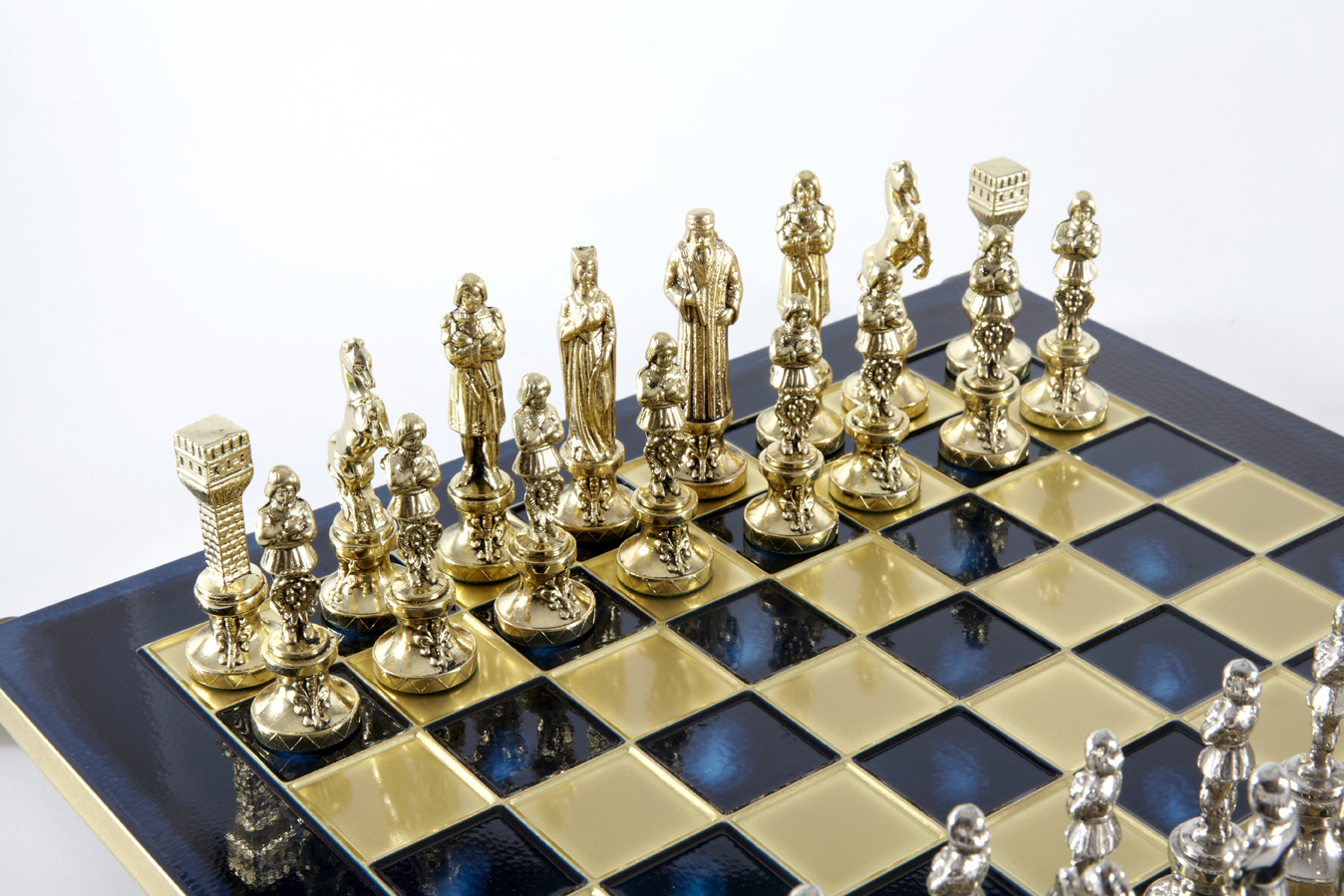 Renaissance chess set with gold-silver chessmen/Blue chessboard 36 sm
