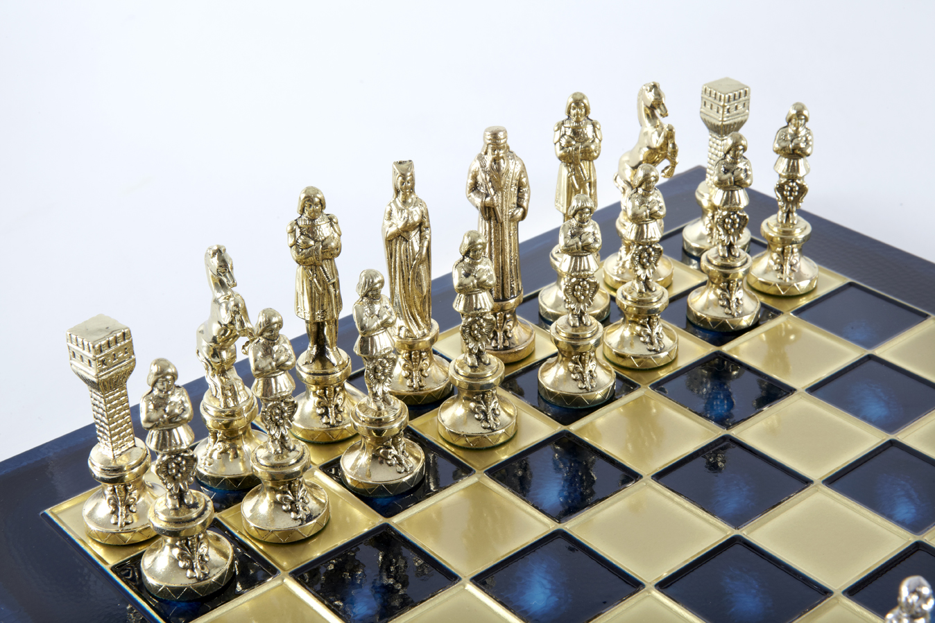Renaissance chess set with gold-silver chessmen/Blue chessboard 36 sm